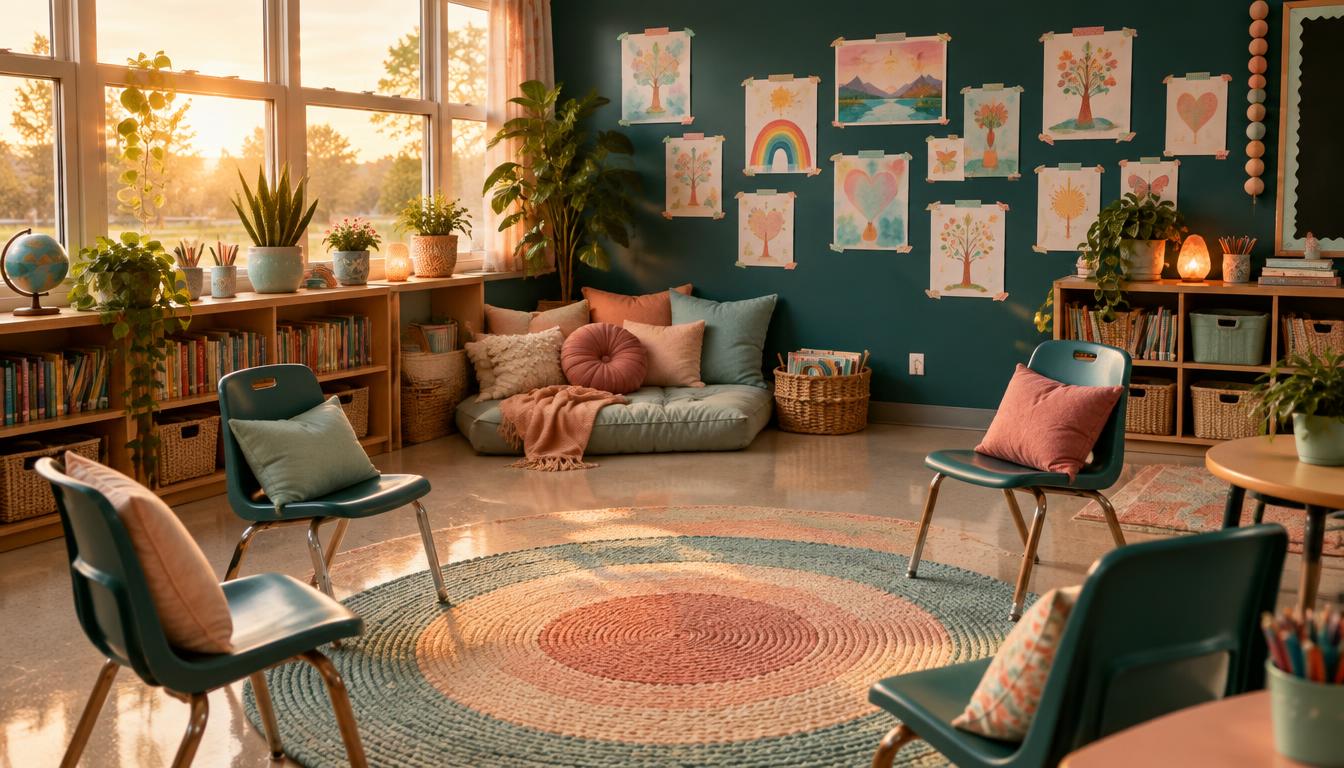 A warm, welcoming classroom with a reading corner and student artwork